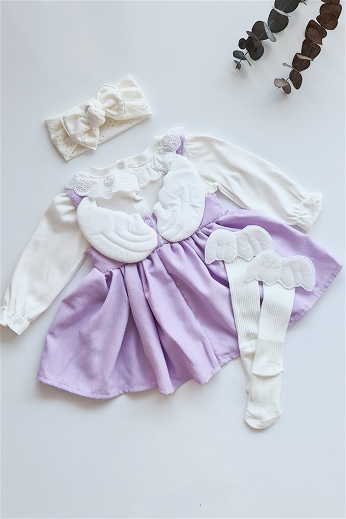 Lila Renkli Fisto Detaylı Melek Kanatlı Bebek Elbise Özel Set