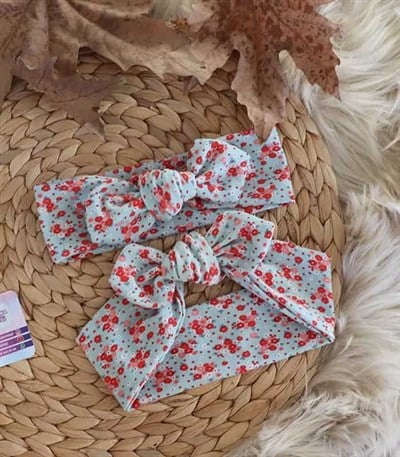 Mint Çiçek Desenli Tavşan Kulak Bandana