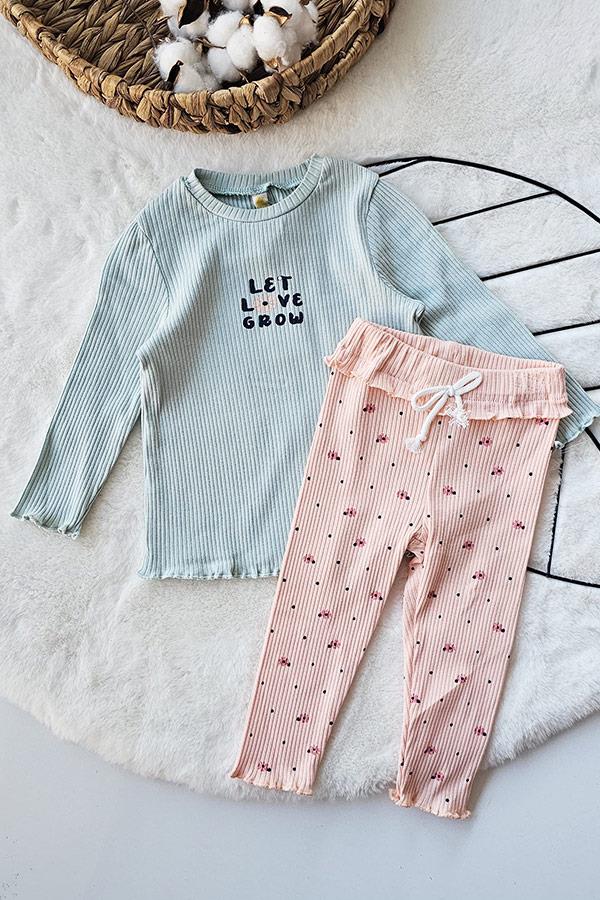 Mint Renkli Çıtır Çiçekli Fitilli Kız Bebek Alt Üst Takım