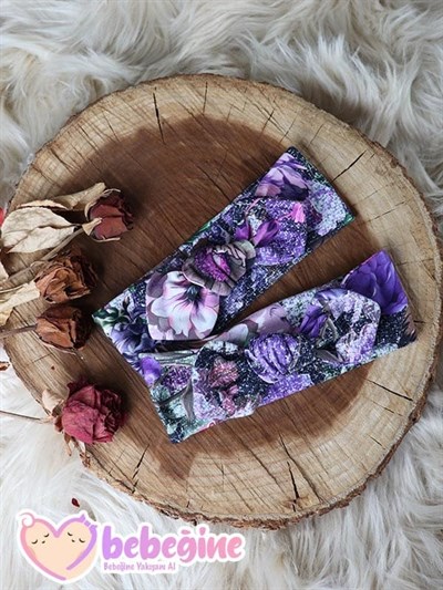 Mor Renkli Çiçek Desenli Tavşan Kulak Bandana