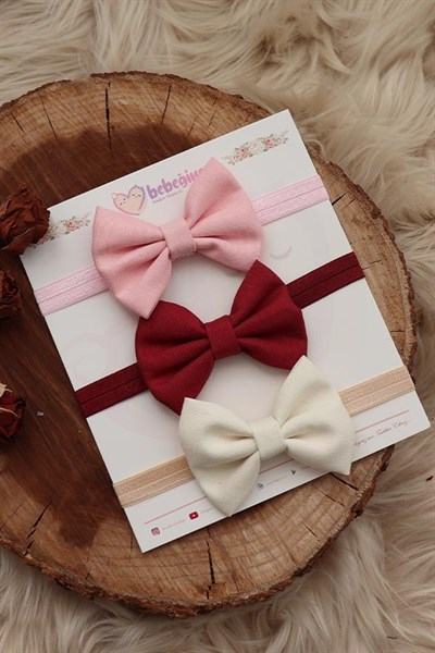 Pembe, Bordo ve Krem Renkli Bebek Fiyonk Bant Seti