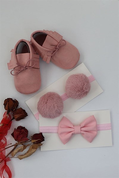 Pembe Renk Bebek Makosen Ayakkabı ve Bant Takımı