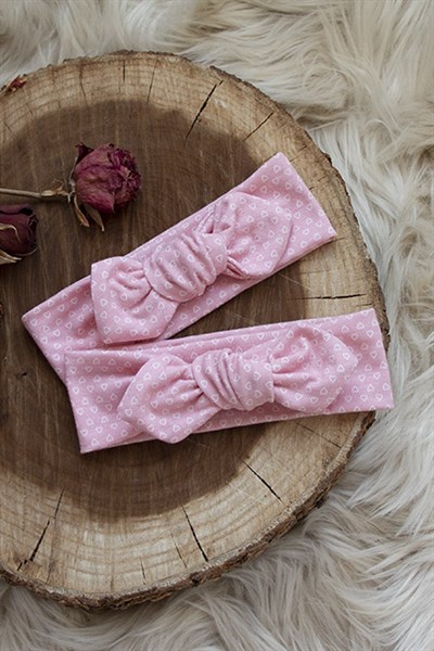 Pembe Renkli Beyaz Kalp Desenli Bebek Tavşan Kulak Bandana