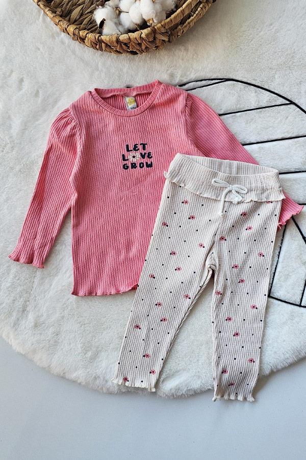 Pembe Renkli Çıtır Çiçekli Fitilli Kız Bebek Alt Üst Takım