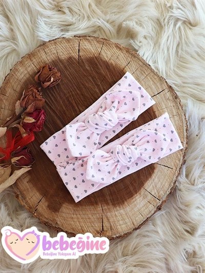 Pembe Renkli Kalp Desenli Tavşan Kulak Bandana