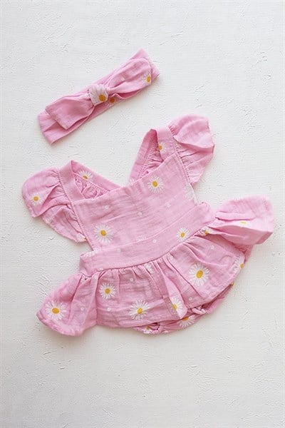 Pembe Renkli Papatya Desenli Bebek Müslin Romper Takımı