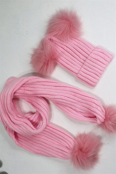 Pembe Renkli Ponponlu Bebek Triko Atkı Bere Takımı