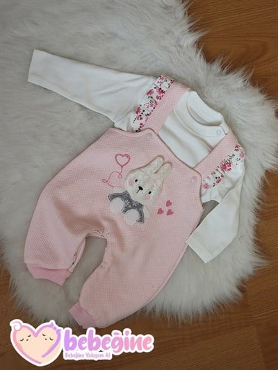 Pembe ve Somon Renkli Tavşan İşlemeli Bebek Salopet Takımı