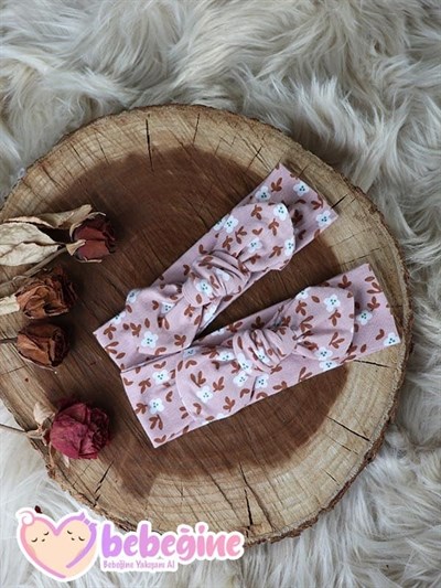 Pudra Renkli Çiçek Desenli Tavşan Kulak Bandana