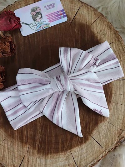 Pudra Renkli Çizgi Desenli Fiyonk Bandana