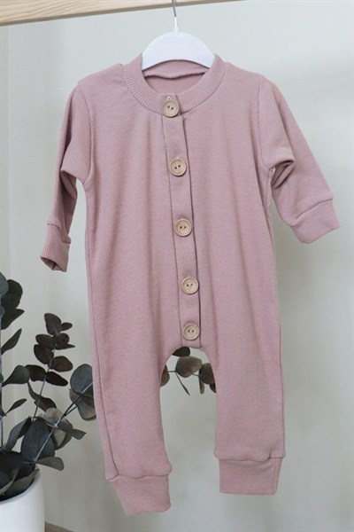 Pudra Renkli Unisex Bebek Uzun Kollu, Düğmeli Tulum