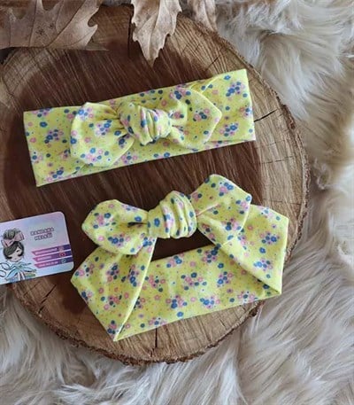 Sarı Çiçek Desenli Tavşan Kulak Bandana