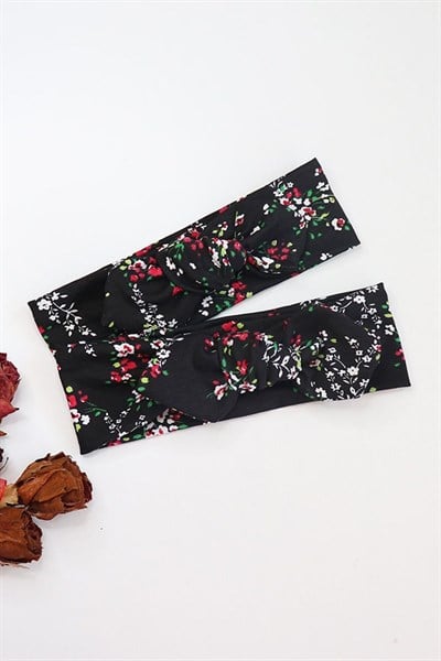 Siyah Renkli Çiçek Motifli Bebek Tavşan Kulak Bandana