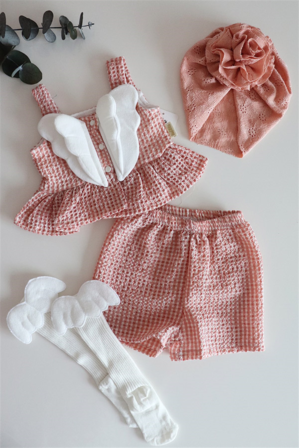 Somon Renkli Melek Kanatlı Potikareli Bebek Crop Özel Set