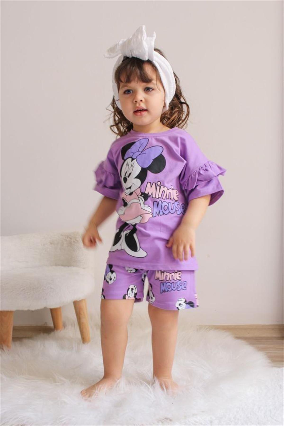 Zara Eflatun Minnie Mouse Figürlü Kız Bebek (Çocuk) Tişört ve Şort Takım