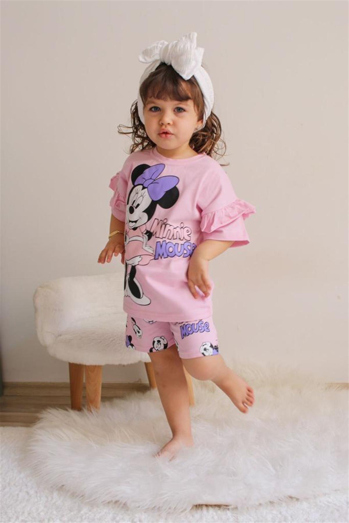 Zara Pembe Minnie Mouse Figürlü Kız Bebek (Çocuk) Tişört ve Şort Takım