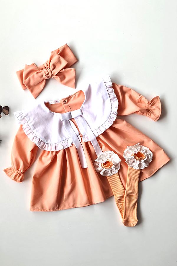 Somon Renkli, Bandanalı Kız Bebek Bella Elbise Özel Set