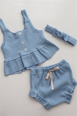 Bebe Mavi Renkli Askılı Bebek Bluz ve Şort Takımı