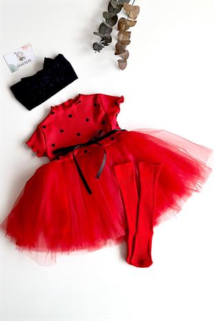 Kırmızı Renkli Kalp Motifli Kız Bebek Tütü Etekli Elbise Özel Set