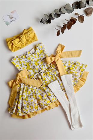 Sarı Renkli Çiçek Desenli Kız Bebek Askılı Elbise Özel Set