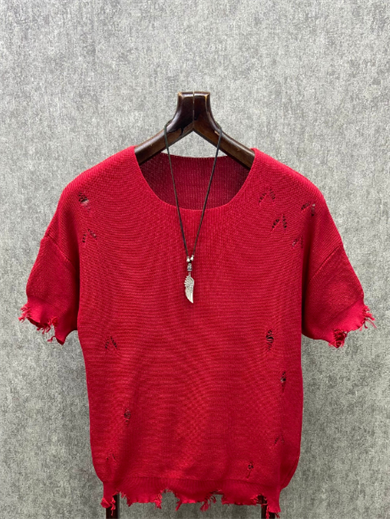 Oversize Lazer Yıpratmalı Kırmızı Triko Tshirt 