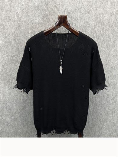 Oversize Lazer Yıpratmalı Siyah  Triko Tshirt 