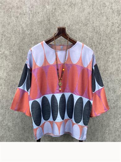 Süper Oversize Fakir Kol Bohem Pamuk Keten  Desenli Tshirt