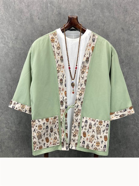 Oversize Bohem Fakir Kol Pamuklu Yeşil  Kimono