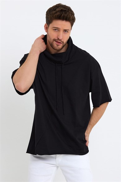  Oversize Şal Yaka Bağcıklı Pamuklu Siyah Tshirt  