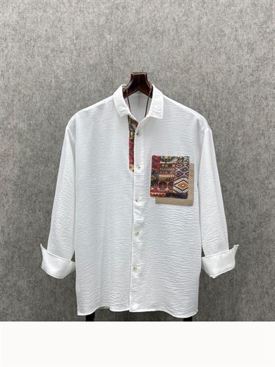 Oversize Bohem Keten Beyaz Gömlek FİLO20397 | Marjin Moda