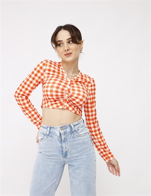 MierPrive Düğmeli Crop Bluz Turuncu 5313