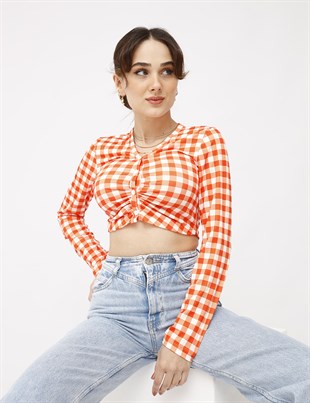 MierPrive Düğmeli Crop Bluz Turuncu 5313