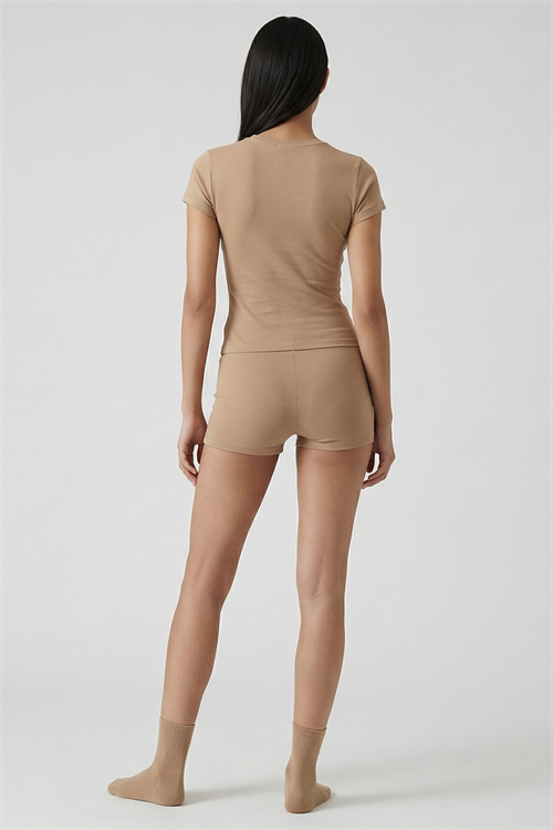 Cotvie Kahve Pamuklu Bisiklet Yaka T-shirt