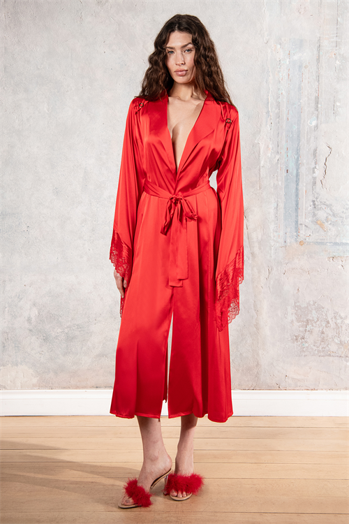 Eclatant Длинный атласный халат/кимоно с красным кружевом