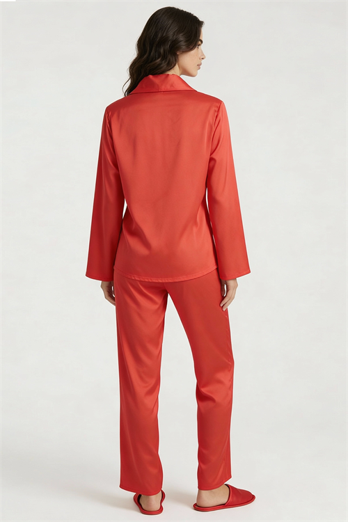 Amoris Nar Çiçeği Uzun Saten Pijama Takımı