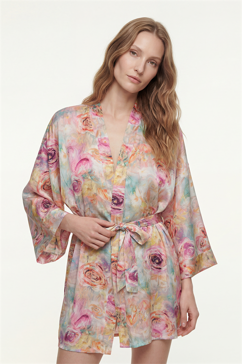 Fumee Marguerite Desenli Kısa Saten Sabahlık / Kimono
