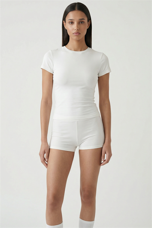 Cotvie Ekru Pamuklu Bisiklet Yaka T-shirt