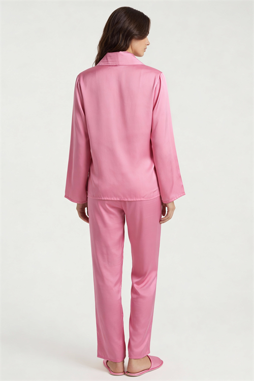 Amoris Şeker Pembesi Uzun Saten Pijama Takımı