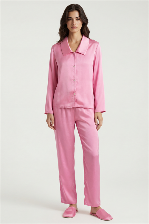 Amoris Şeker Pembesi Uzun Saten Pijama Takımı