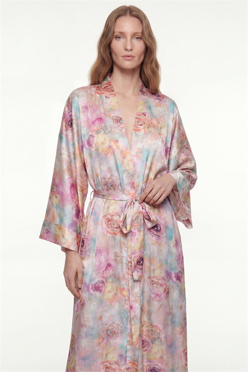 Frappant Marguerite Desenli Uzun Saten Sabahlık / Kimono