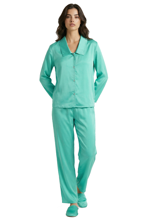 Amoris Turkuaz Uzun Saten Pijama Takımı
