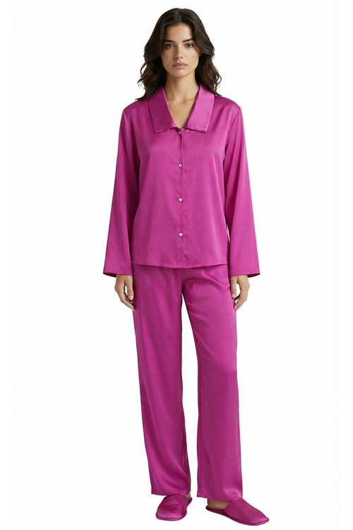 Amoris Fuşya Uzun Saten Pijama Takımı