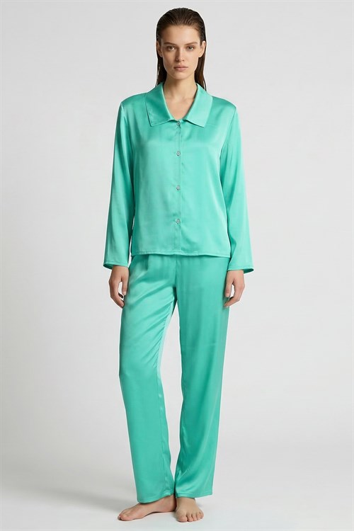 Amoris Бирюзовый длинный атласный пижамный комплект