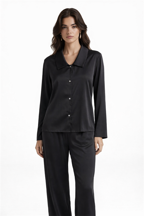 Amoris Siyah Uzun Saten Pijama Takımı