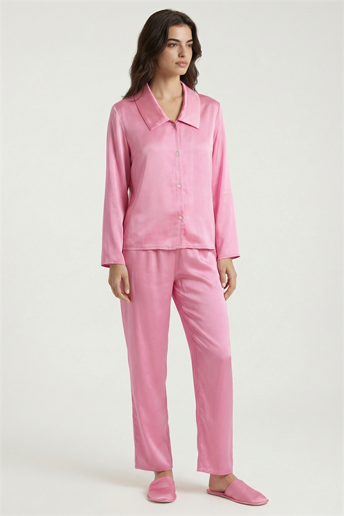 Amoris Şeker Pembesi Uzun Saten Pijama Takımı