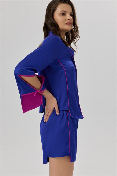 Addria Saks Mavisi Şortlu Saten Pijama Takımı