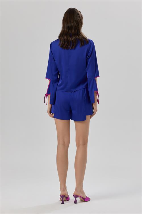 Addria Saks Mavisi Şortlu Saten Pijama Takımı