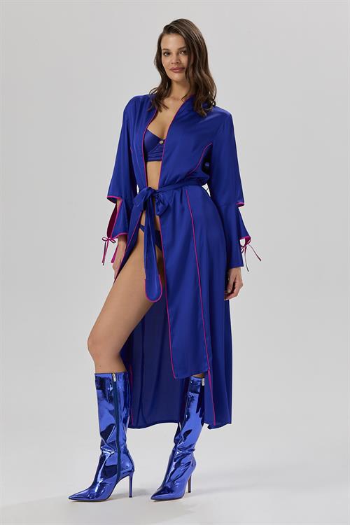Addria Saks Mavisi Uzun Saten Sabahlık / Kimono