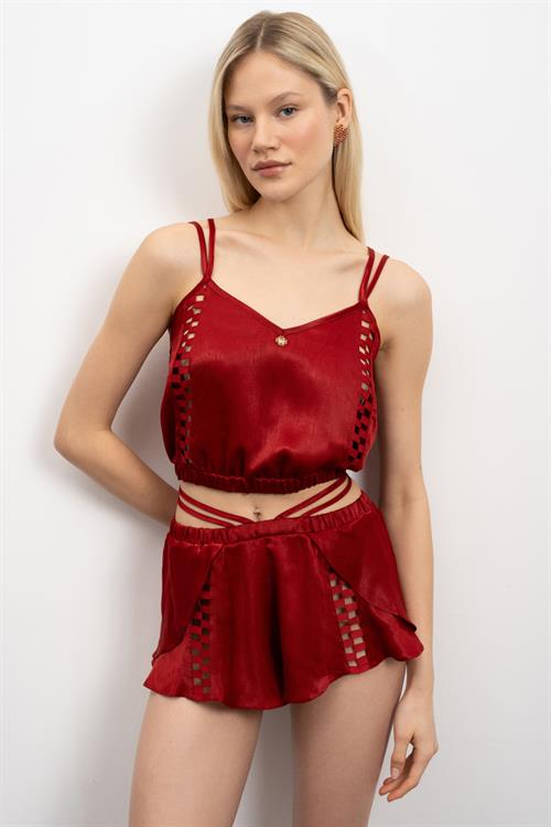 Amative Grogren Detailed Satin Pajama Set with Bordeaux Shorts