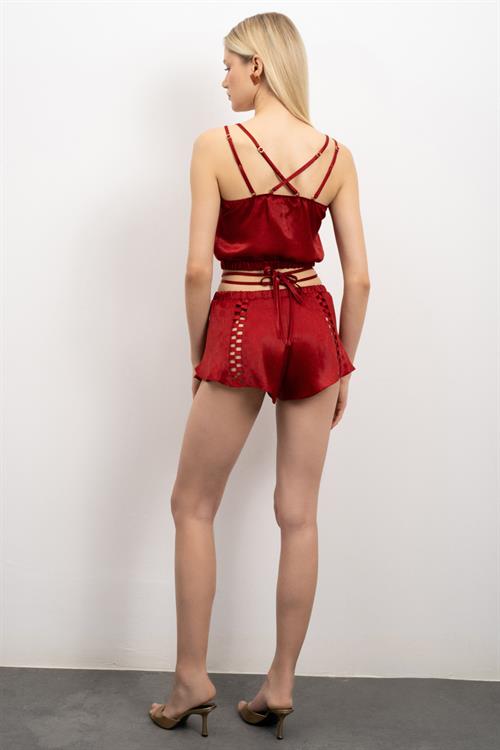 Amative Grogren Detailed Satin Pajama Set with Bordeaux Shorts